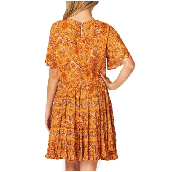 Bila Floral Paisley Short‎ Tiered Dress Women's XS Boho Relaxed Fit Marigold NEW - Picture 4 of 10
